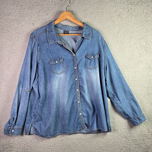 VTG Faded Glory Denim Shirt 3X Pearl Snap Roll Tab Western Y2K Cotton Side Slits - Picture 1 of 16